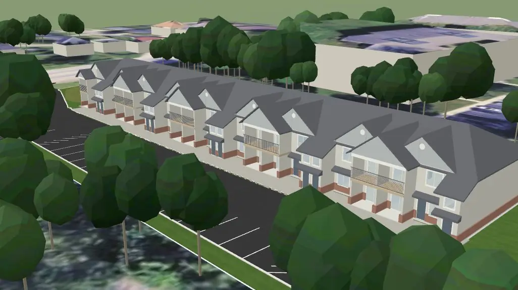 Massing rendering of the 18-unit Michigan apartment community, two-story buildings with parking